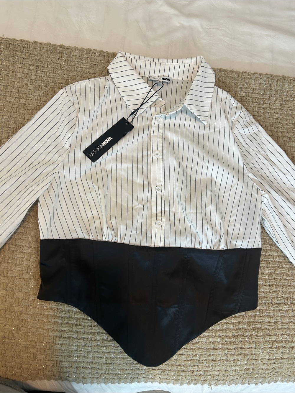 Fashion Nova Black & White Pinstripe Shirt with Attached Black Corset Hem